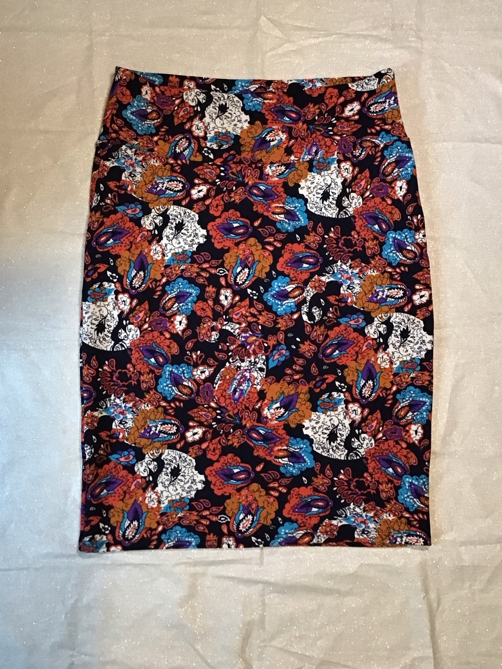 LuLaRoe Black Pencil Skirt with Blue, Rust, White & Purple Paisley